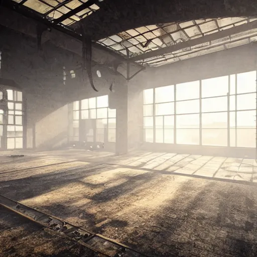 Prompt: abandoned industrial factory interior, volumetric light scattering, light filtering, dustlight, god rays, dust, digital art, trending on artstation