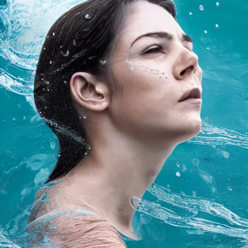 Prompt: water artwork manipulation in the shape of a beautiful female head, on the ocean water, ray tracing, realistic water sharp focus, long shot, 8 k resolution, cinematic, amazing water art, hyper realistic