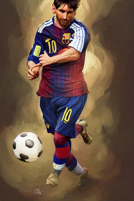 Prompt: male cottagecore lionel messi holding a soccer ball, intricate, swagger, highly detailed, digital painting, artstation, concept art, smooth, sharp, focus, illustration, art by artgerm and greg rutkowski and alphonse mucha