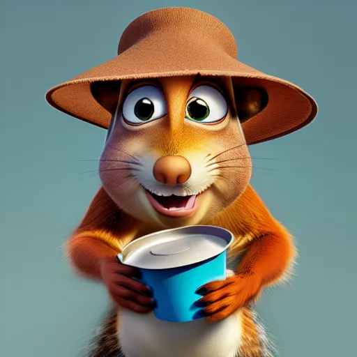 Image similar to a squirrel wearing a bucket hat. pixar.