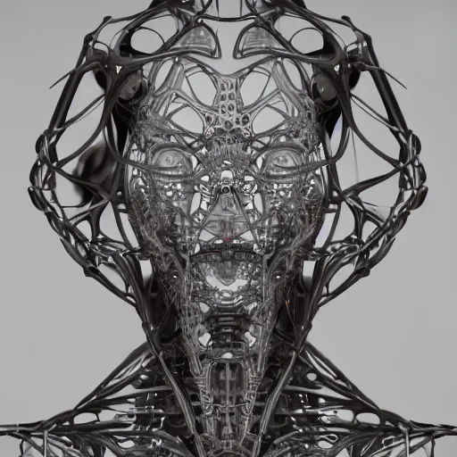 Prompt: biomechanical gina gerson, chimeric organism, pale skin, organic steel, full frontal, portrait, highly detailed, transhumanist, symmetrical, mechanical, anatomical, body horror, mendelbrot fractal, ray tracing, doduodecagon, hyperdetailed, hyperrealistic, trending on artstation, oppai cyberpunk, octane render, hdr, uhd 4k