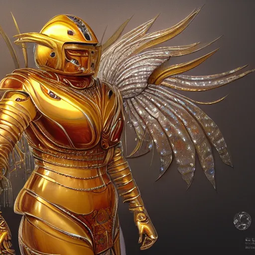Image similar to a fat orange cat with a golden helmet wearing a silver armor with golden ornaments and diamonds jewelry, wings by alex gray and android jones, karol bak, ayami kojima, amano, concept art, character design, fantasy, 3 d, 8 k resolution