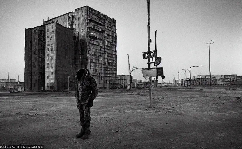 Image similar to In a futuristic space city of Neo Norilsk on the Moon, a Mysterious man is standing in the middle of a street photo by Trent Parke, the sun is blinding, a Russian city on the Moon