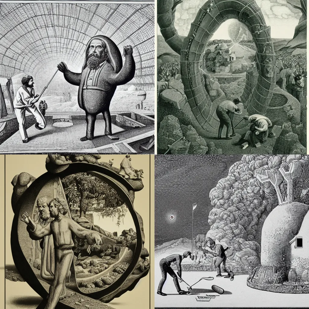 Prompt: jesus сhrist, karl marx and giant rabbit playing golf on planet surface by escher, lithograph, detailed, intricate, 4k resolution