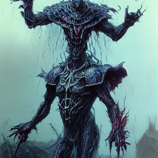 Image similar to warhammer malekith full body concept art, beksinski, trending on artstation