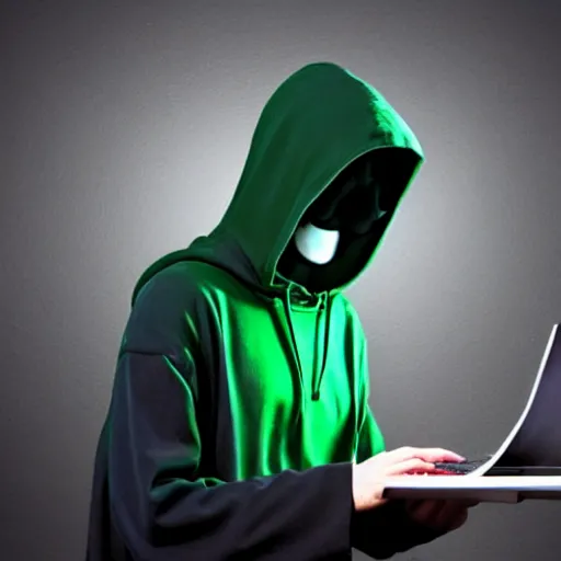 Prompt: realistic photo of hacker in anonymous mask, dark background, hood, computer, green screen, extremely detailed, sharp focus, masterpiece,