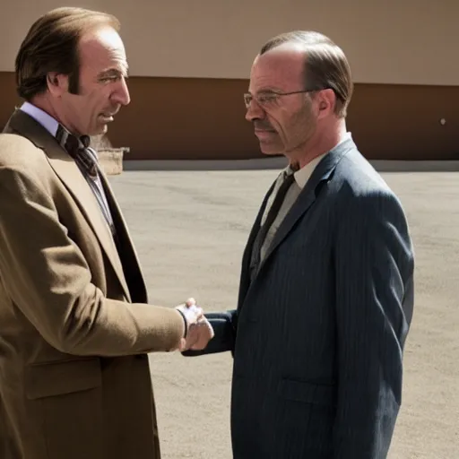 Image similar to saul goodman giving a handshake to walter white