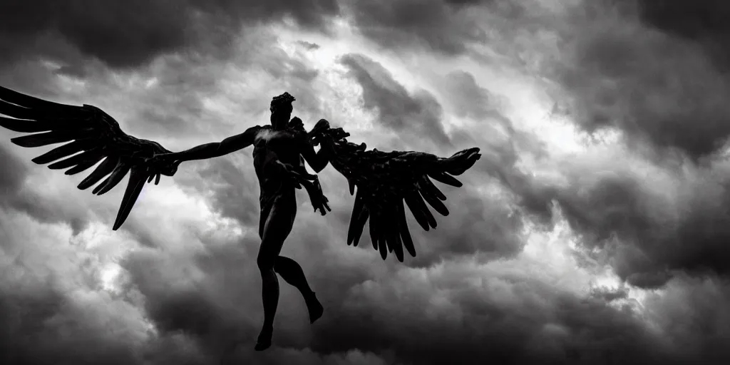 Image similar to fallen archangel striking from the heavens, dark cloudy sky with thunder, dramatic light