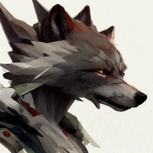 Image similar to concept art of anthropomorphized wolf, highly detailed painting by dustin nguyen, akihiko yoshida, greg tocchini, 4 k, trending on artstation, 8 k