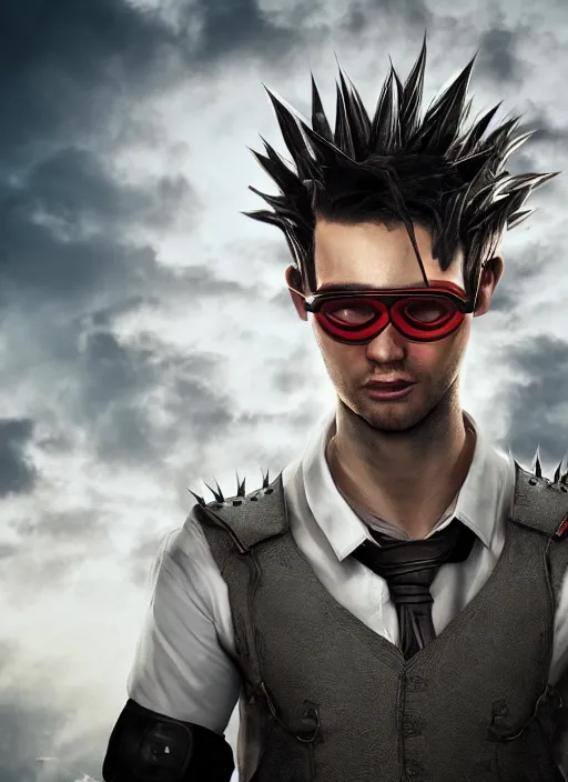 Prompt: An epic fantasy comic book style portrait painting of young man with red spiked long hair, using googles. Wearing a black waistcoat, white shirt. Unreal 5, DAZ, hyperrealistic, octane render, cosplay, RPG portrait, dynamic lighting
