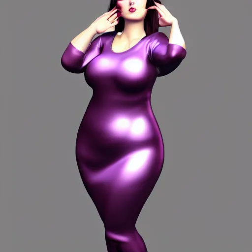 Image similar to curvy feminine goth young woman with dignified tight silver latex-nylon-silk dress, relaxed posture, purple makeup, photorealistic, cgsociety, sublime, 16k, smooth, sharp focus, ArtStation, hyperdetailed, volumetric lighting