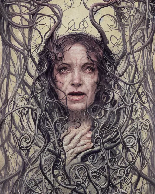 Image similar to centered beautiful detailed side view profile portrait of a dead, crazed, mad old woman, ornate tentacles growing around, ornamentation, thorns, vines, tentacles, elegant, beautifully soft lit, full frame, by wayne barlowe, peter mohrbacher, kelly mckernan, h r giger