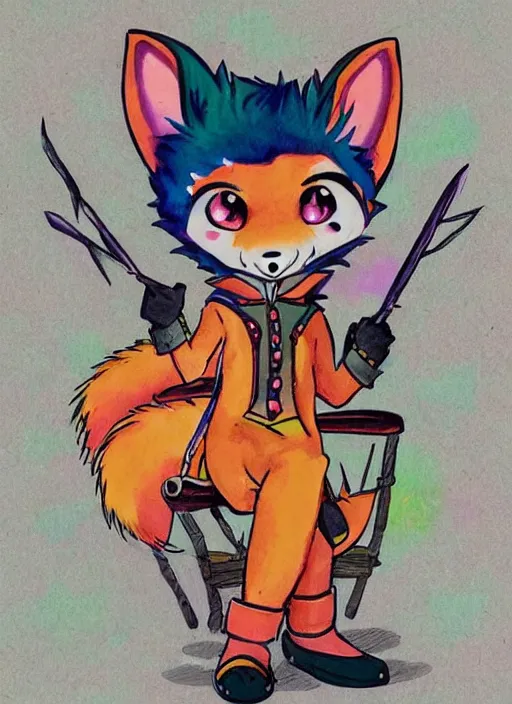 Image similar to A vintage painted illustration of an adorable chibi male rogue fox anime guy in the style of Lisa Frank Babs Tarr Hantine Hsu sitting in a couture leather and spike vest that has skulls on it