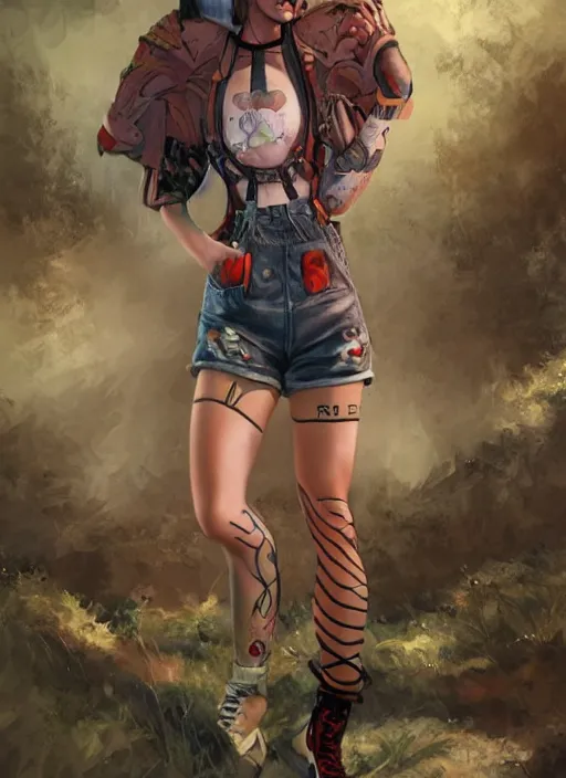 Image similar to digital _ painting _ of _ female, painted taktop, overalls, combat boots, short shorts, fishnets _ by _ filipe _ pagliuso _ and _ justin _ gerard _ symmetric _ fantasy _ highly _ detailed _ realistic _ intricate _ port