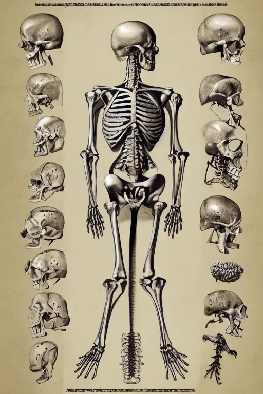 Image similar to anatomical encyclopedia illustration of a human skeleton, photorealistic, diagram, intricate details