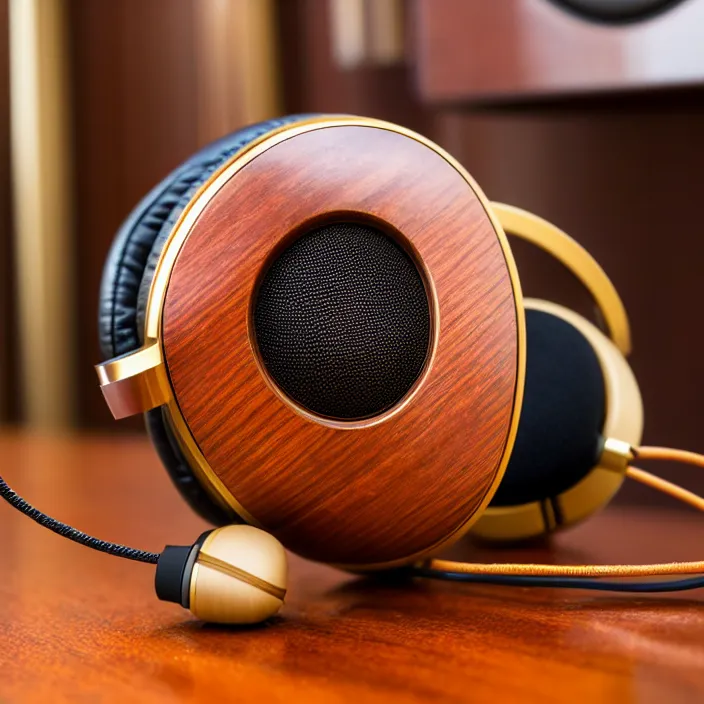 Prompt: beautiful well designed symmetric meze classics headphones gold metal, wood cups, leather padding, next to an amplifier on mahogany desk, modernist headphones, wood headphones hyperrealistic, audiophile, intricate high detail, extreme quality, photographic, meze audio, sennheiser