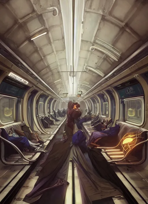 Image similar to perfectly - centered - drawing of empty subway train, intricate, highly detailed, digital painting, artstation, concept art, smooth, sharp focus, illustration, unreal engine 5, 8 k, art by artgerm and greg rutkowski and alphonse mucha