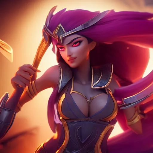 Prompt: still of pretty Irelia (Legends of Runeterra) in KDA More music video. 3d render, octane render, game art, realistic, highly detailed, trending on artstation, 4k, trending on artstation, pixar, cgsociety, unreal engine 5, redshift render, trending on artstation, blender, behance, cg