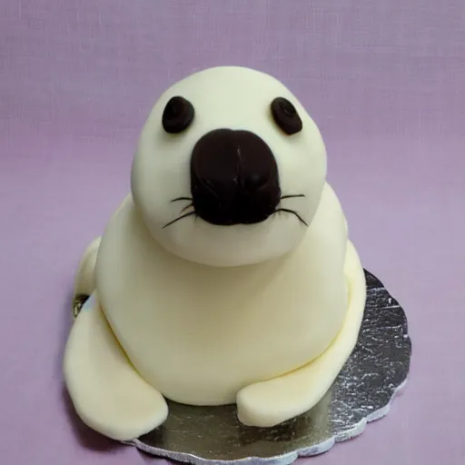 Prompt: cake in the shape of a white baby seal