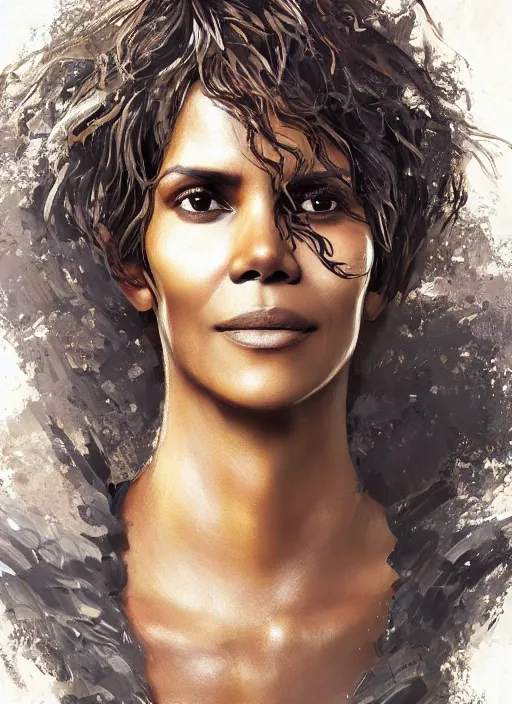 Image similar to portrait of halle berry as a legendary knight warrior, au naturel, hyper detailed, digital art, trending in artstation, cinematic lighting, studio quality, smooth render, unreal engine 5 rendered, octane rendered, art style by klimt and nixeu and ian sprigger and wlop and krenz cushart.