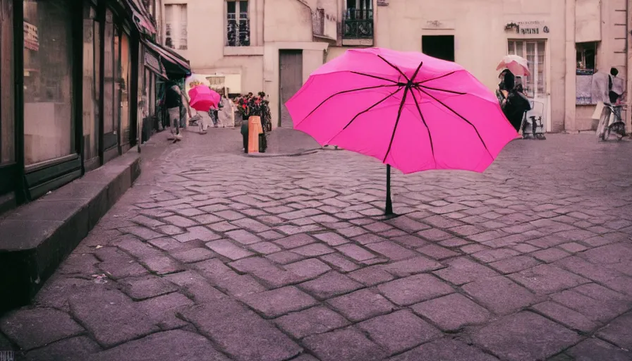 Prompt: street of paris photography, a pink umbrella on the floor, cinestill 8 0 0 t, in the style of william eggleston