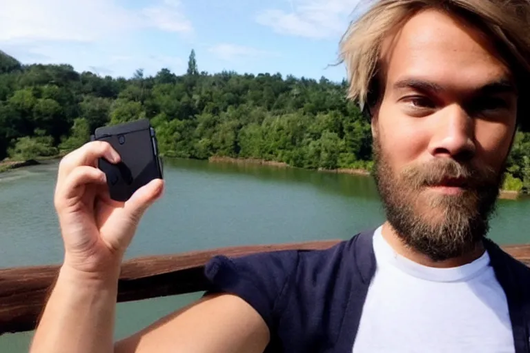 Prompt: pewdiepie taking a selfie at a bridge