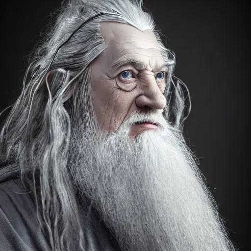 Prompt: Gandalf the Grey as a grinning masculine chad, striking black and white studio portrait