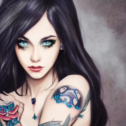 Prompt: a stunning woman with dark hair, blue eyes and face tattoos. full body shot, trending on pixiv, cinematic composition, detailed, hd, digital art