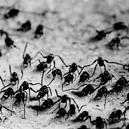 Prompt: photograph of ants in usa military uniform fighting battles. documentary footage.