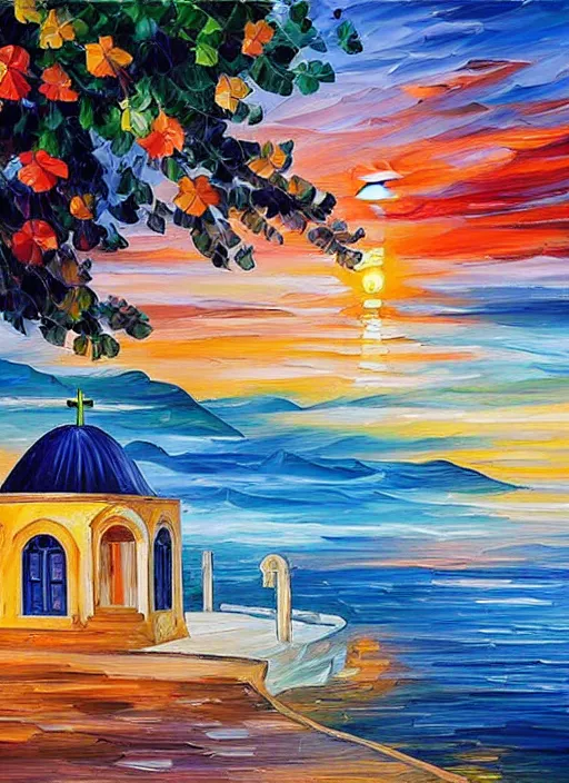 Prompt: beautiful seaside greek chapel in village at sunset in the style of leonid afremov