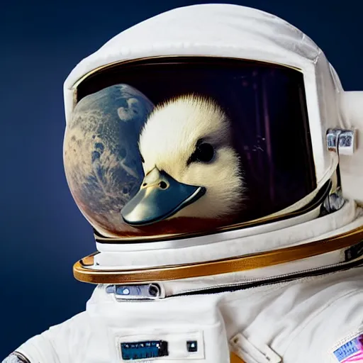 Image similar to A Very cute adorable astronaut duckling face portrait, realistic, 50mm lens, cinematic, realistic photo,