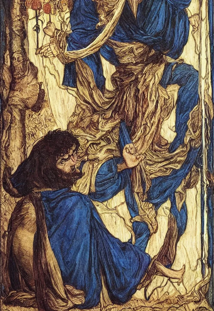 Image similar to Yoshua Bengio as the Magician on the Tarot card. Illustration by preraphaelists.