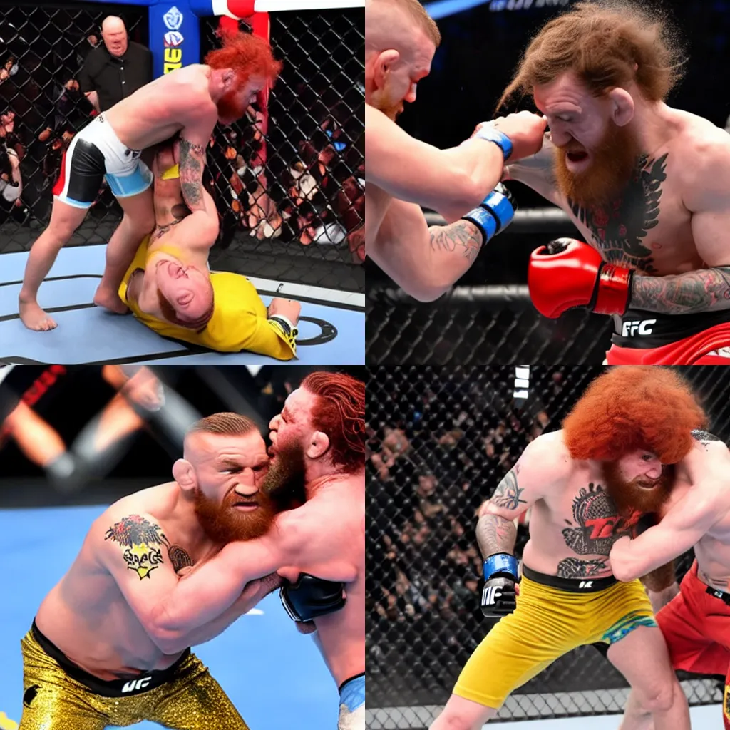 Prompt: Ronald Mcdonald chokes Conor McGregor in UFC match