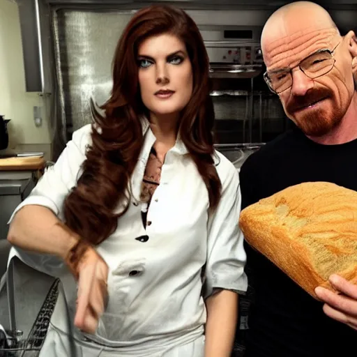 Image similar to alexandria dadario and walter white bake bread