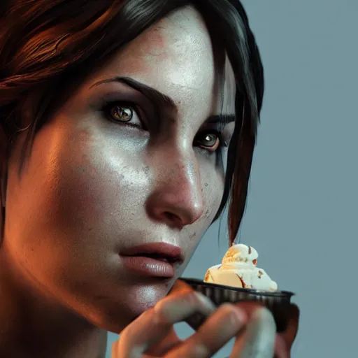 Image similar to Lara croft eat ice cream ,dramatic, intricate, highly detailed, concept art, smooth, sharp focus, illustration, Unreal Engine 5, 8K