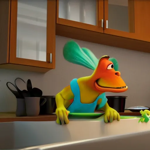 Prompt: pixar animals doing the dishes in the kitchen, Cinecolor, 32k, Ray Tracing Global Illumination