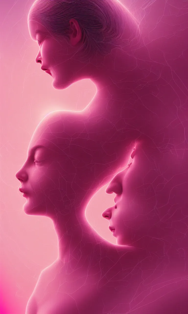 Image similar to young beautiful woman screaming in etheric hypothalamus of her mind, in a pink color palette of cosmic spring, symmetry, symmetrical face, intricate, beautiful illustration, retro futuristic, cinematic colors, style of edward robert hughes + zdzislaw beksinski, octane render, detailed, detail, waist up shot