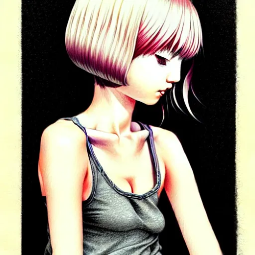 Image similar to richly detailed color  illustration of a dainty pretty young woman wearing a tank top, 'Southern Death Cult' is the theme, very soft shadowing, smooth textures, large scale image. art by Range Murata.