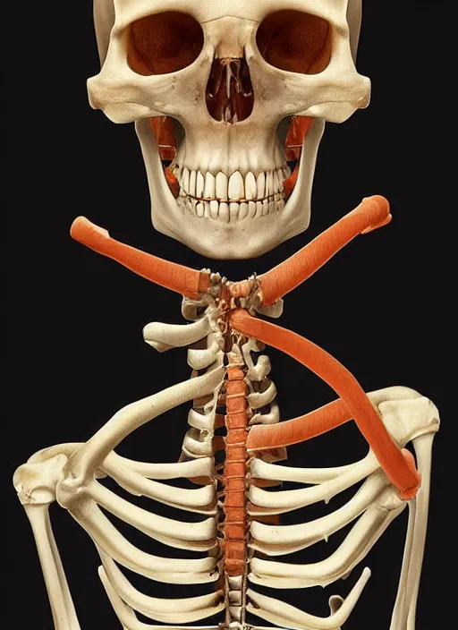 Prompt: skeleton sheds its skin, photorealistic painting, anatomy study, photograph by gunter von hagens, highly detailed