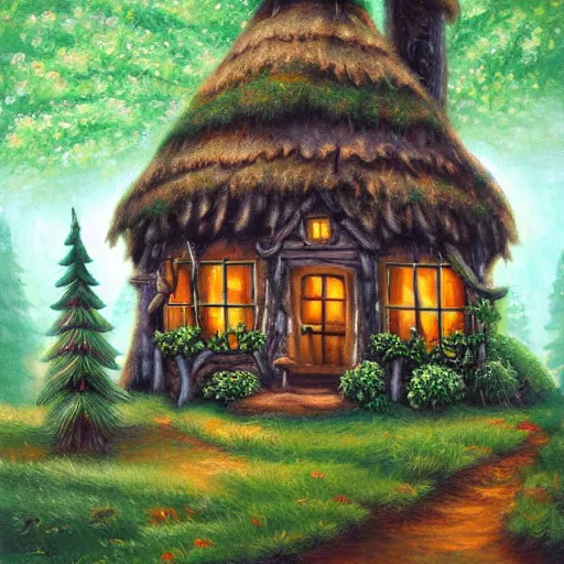 Prompt: elf magical forest wood cabin with a chimney, oil painting