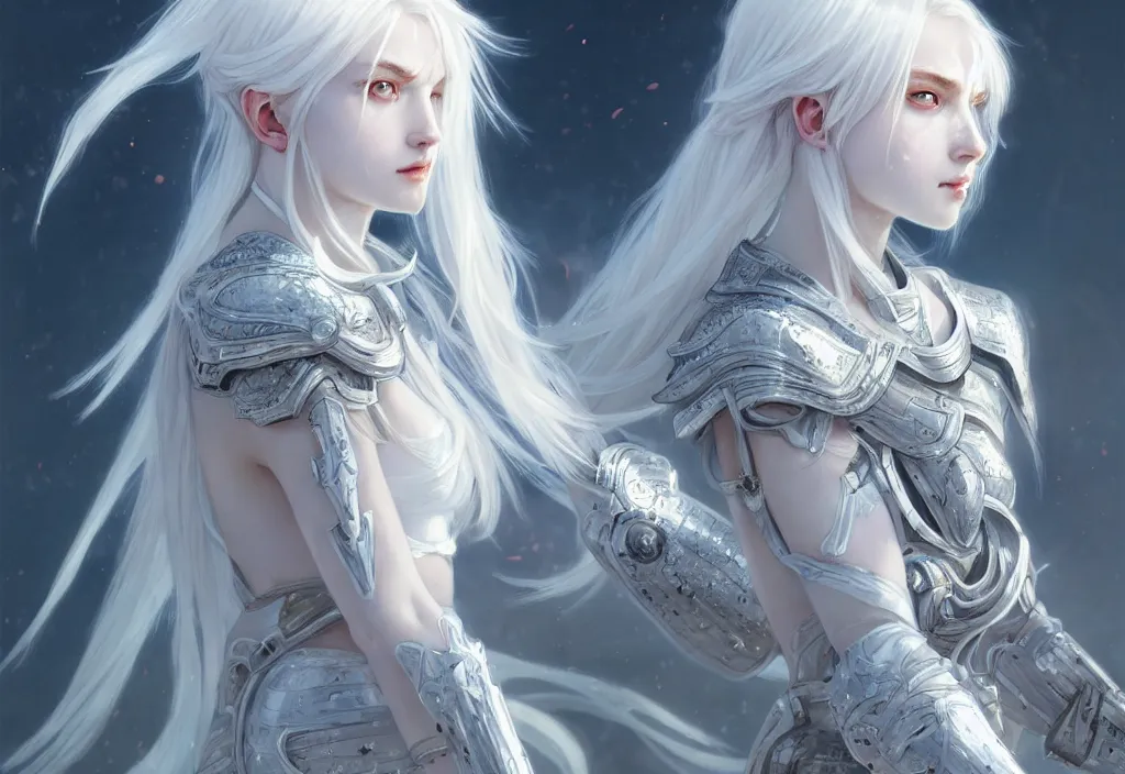 Image similar to portrait white hair knights of zodiac girl, matt white ice color armor, in ruined agora of athens sunrise, ssci - fi and fantasy, intricate and very beautiful and elegant, highly detailed, digital painting, artstation, concept art, smooth and sharp focus, illustration, art by tian zi and wlop and alphonse mucha