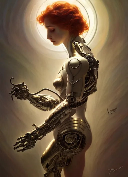 Image similar to cyborg recharging, diffuse lighting, fantasy, intricate, elegant, highly detailed, lifelike, photorealistic, digital painting, artstation, illustration, concept art, smooth, sharp focus, art by John Collier and Albert Aublet and James jean and Brian froud and ross tran and Artem Demura and Alphonse Mucha