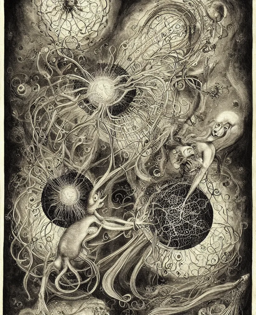 Image similar to whimsical freaky creature sings a unique canto about'as above so below'being ignited by the spirit of haeckel and robert fludd, breakthrough is iminent, glory be to the magic within, painted by ronny khalil