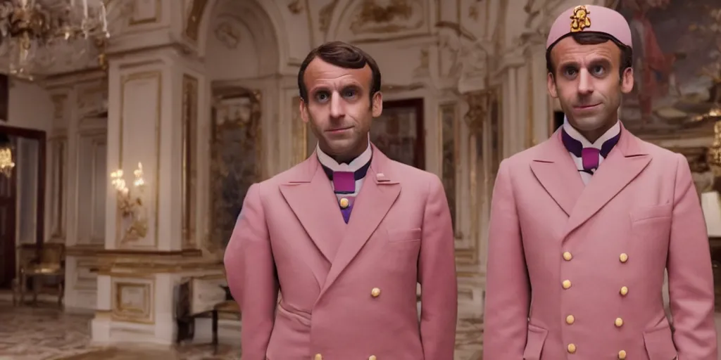 Prompt: still of Emmanuel Macron in The Grand Budapest Hotel (2014), cinematic