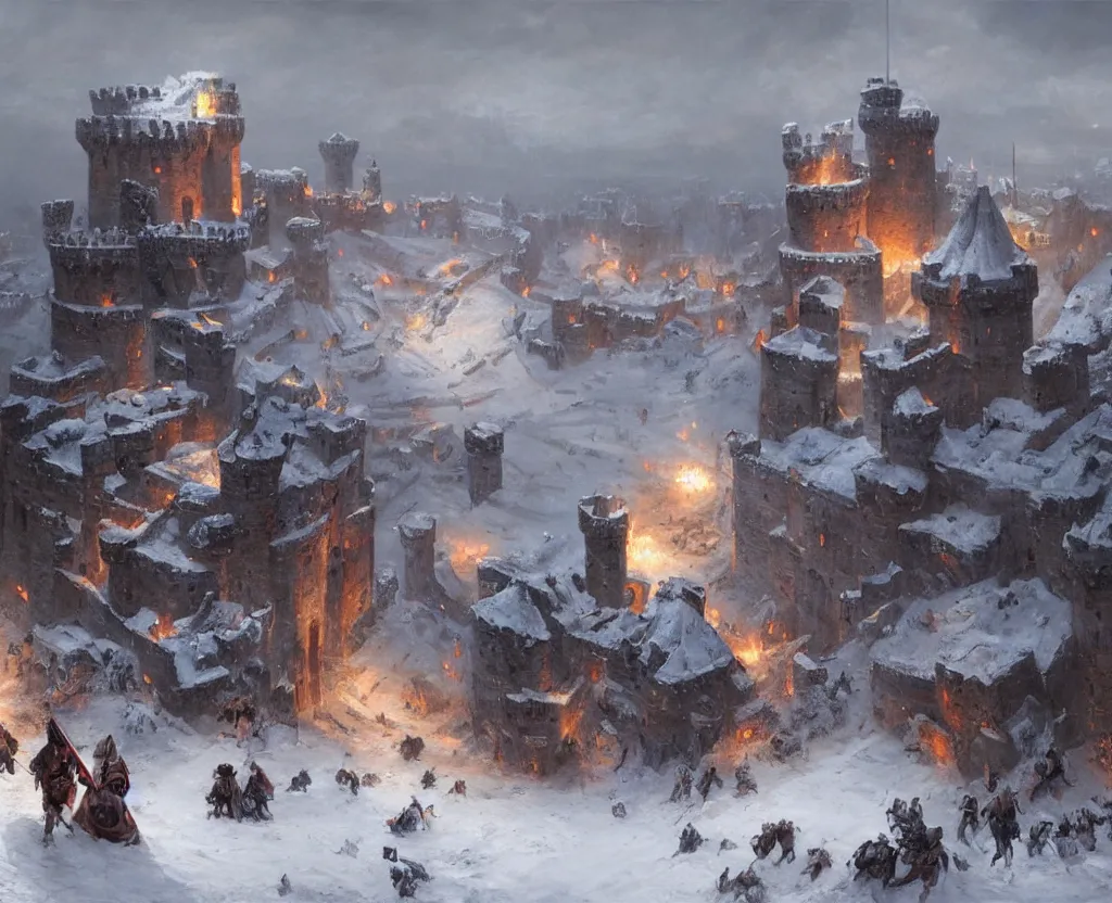 Image similar to Siege of a medieval castle in winter while two great armies face each other fighting below and catapults throw stones at the castle destroying its stone walls, heavy snow storm, fantasy, medieval, fire, explosions and grey smoke here and there, highly detailed, Artstation, oil on canvas painting by greg rutkowski