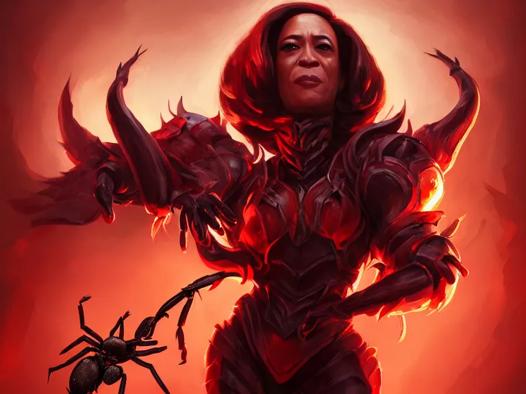 Image similar to portrait of queen of spiders kamala harris, flaming heavy armor and whip, rule of thirds, black and red gradient, photorealistic facial features, league of legends splash art, by chengwei pan, huang guangjian, viktoria gavrilenko, artgerm, greg rutkowski, 8 k, octane, digital painting, artstation