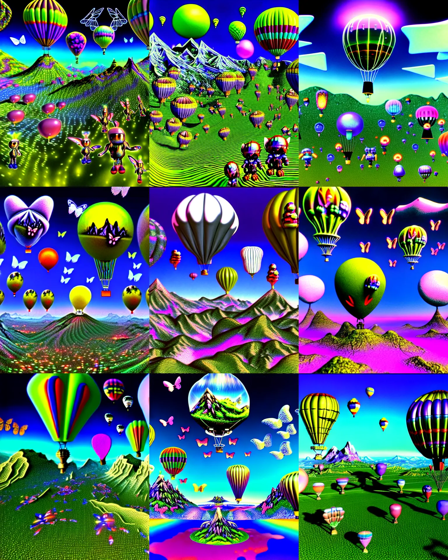 Prompt: 3 d render of cybernetic mountain landscape with cyborg chibi goblins with angel wings and hot air balloons against a psychedelic surreal background with 3 d butterflies and 3 d flowers n the style of 1 9 9 0's cg graphics, lsd dream emulator psx, 3 d rendered y 2 k aesthetic by ichiro tanida, 3 do magazine, wide shot