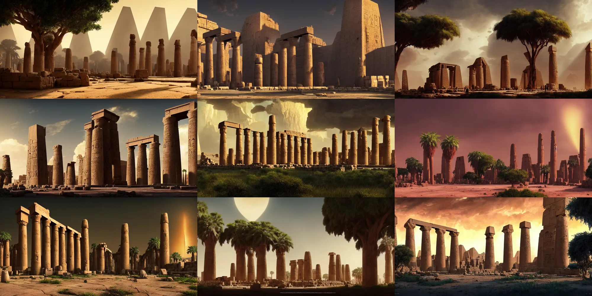 Prompt: ancient luxor temple with acacia trees, photorealistic, dark atmospheric lighting, stormy, ultrawide establishing shot, octane render, rtx, hdr, unreal engine, widescreen 8 k, studio ghibli, pixar, disney, prince of egypt, greg rutkowski, artstation, artgerm