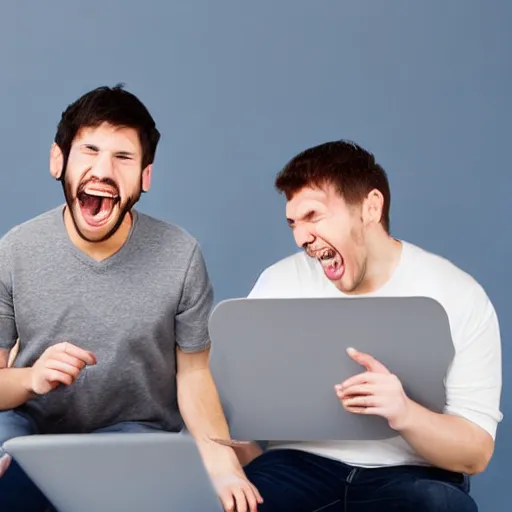 Image similar to several guys typing on keyboard while laughing very hard, mouth wide open tsticking tongues out, studio light, grey background, centered, photorealsitic