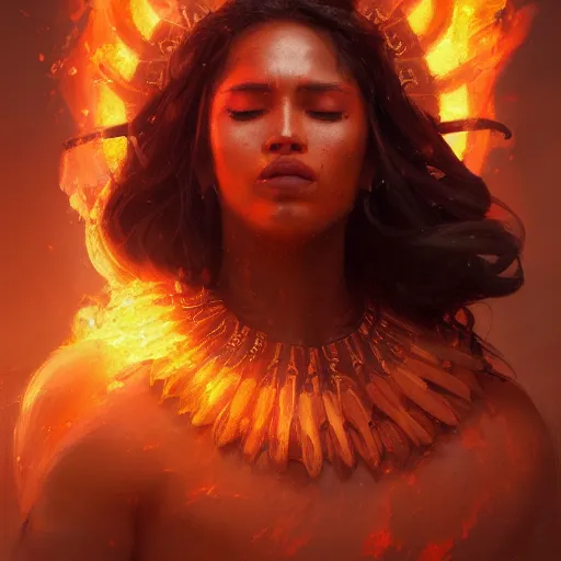 Prompt: a beautiful portrait of a fire goddess with closed eyes by greg rutkowski and raymond swanland, trending on artstation, flaming background, ultra realistic digital art